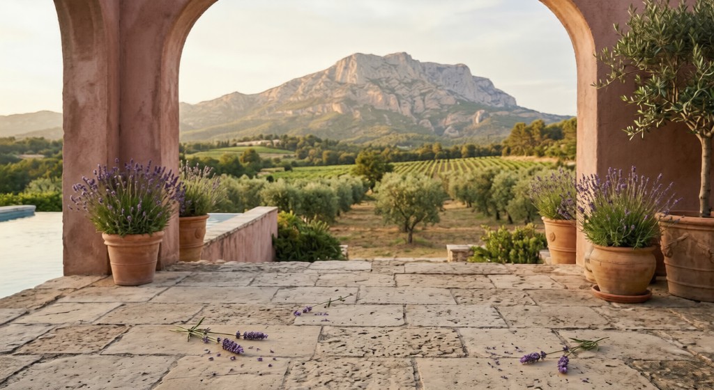 Stone archway looking out to vineyards