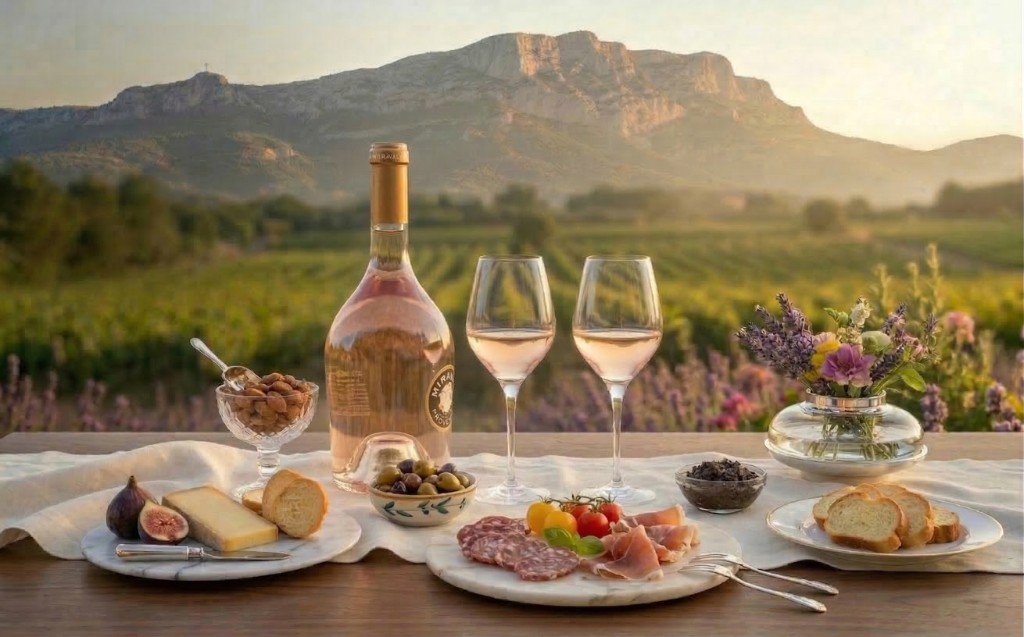 Long table dining among the vines with rosé