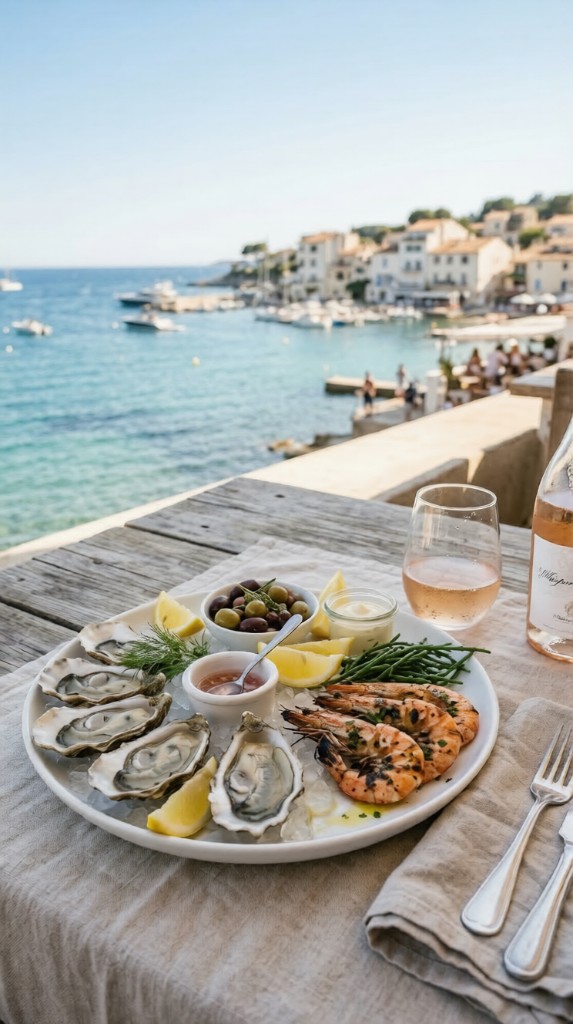 Fresh seafood served with rosé by the coast
