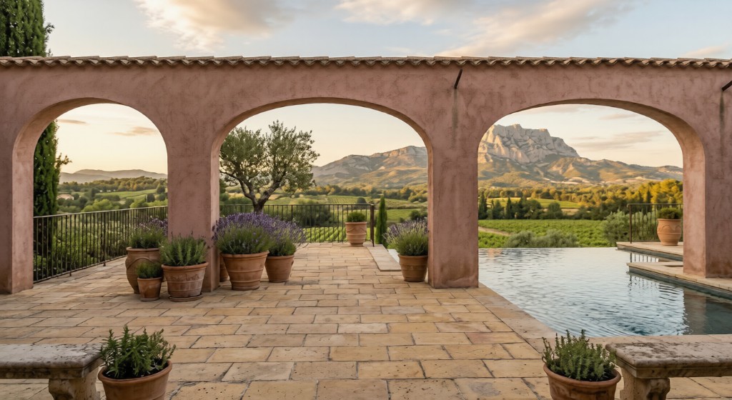 A Provençal villa with stone arches framed by lavender